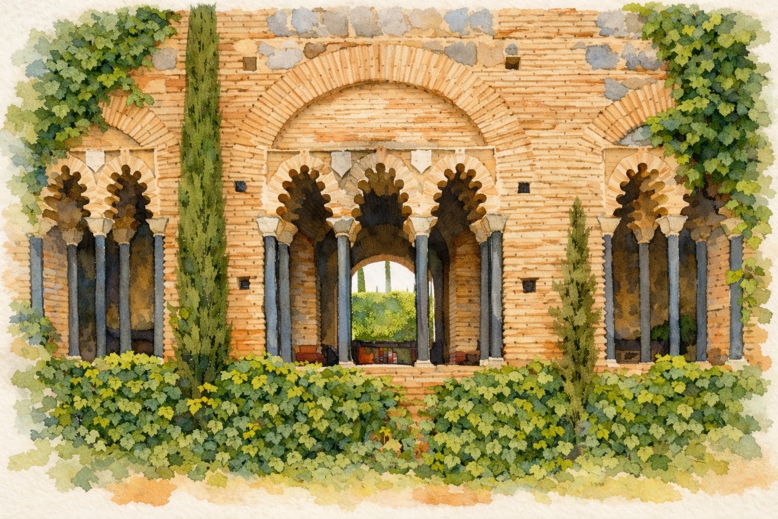 Patio andalusí en acuarela